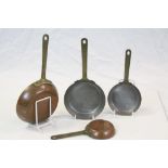 Set of Four Copper Graduating Frying Pans with Brass Handles