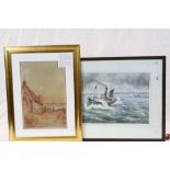A D Bell, Watercolour, Fishermen tending Nets by River with Cottage and Windmill and Geoff Richmond,