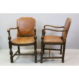 Pair of Early to Mid 20th century Oak Elbow Chairs with Studded Leather Effect Seat and Back