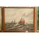 Oak framed Oil on board of a stormy Ship scene and signed C M, measures approx 61 x 49.5cm to