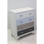 Mid 20th century Chest of Four Long Drawers painted in Graduating Tones of Blue and Grey, 75cms long