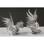 Two White Metal Models of Fighting Cockerels, 19cms