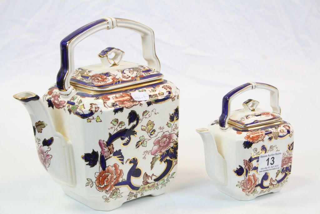 Two Mason's Ironstone ceramic Teapots in "Mandalay" pattern, the larger one stands approx 23cm to