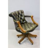 Edwardian Style Swivel Office Elbow Chair with Brass Studded Buttoned Green Leather Back, Seat and