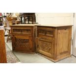 Two similar Hardwood Bedside Cabinets, each with Single Drawer and Carved Cupboard Door, 59cms