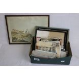 Collection of 20th century postcards, two photograph frames, two framed etchings, an empty
