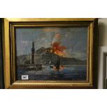 Oil on Panel View of the Bay of Naples with Vesuvius erupting