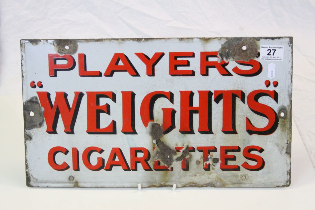 Vintage Enamel Advertising sign "Players Weights Cigarettes", measures approx 45 x 25cm - Image 2 of 3