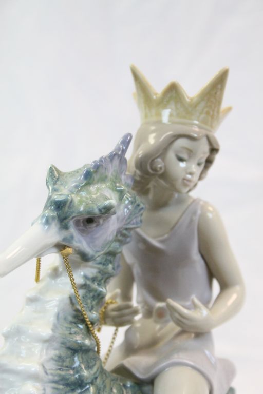 Large Lladro ceramic model "Mermaid on Seahorse", with attached wood effect base, stands approx 32cm - Image 2 of 5