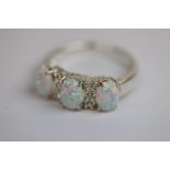 Silver CZ and Opal Set Three Stone Ring