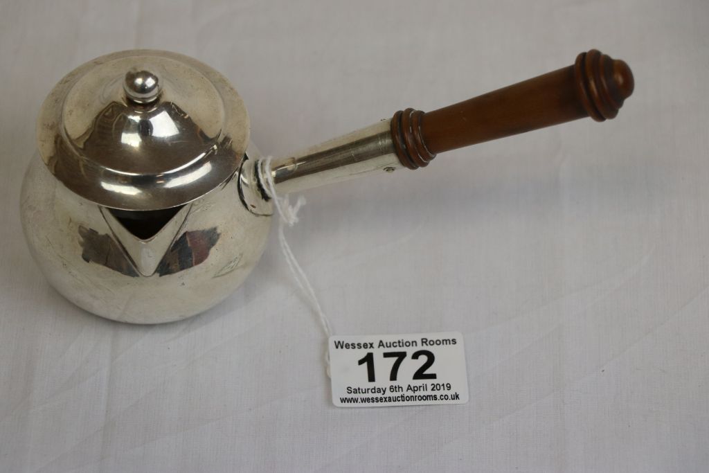 Georgian Style Silver Plated Lidded Brandy Warming Pan with Turned Wooden Handle - Image 4 of 5