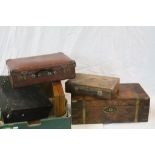 Four vintage boxes and a Suitcase to include a Brass bound Writing slop for restoration