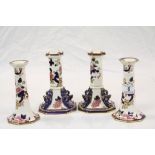 Two pairs of Mason's Ironstone ceramic Candlesticks in "Mandalay" pattern, both different designs,