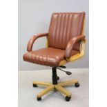 Mid 20th century Style Bentwood and Plywood Swivel Office Chair with Brown Leather Seat and Back