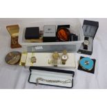 Simulated pearls in Lotus box with paperwork, Gents wristwatches to include Timex, Sekonda,