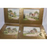 E. Lewis (Early 20th century) Watercolours, Four Rural Scenes with Cottages, Figures, Animals and