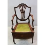 Cooper & Holt Sheraton Revival Mahogany Inlaid Elbow Commode Chair with Shield Shape Back carved