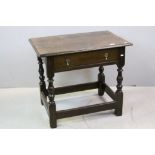 18th century Provincial Oak Side Table with Single Drawer, turned baluster legs and block feet