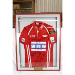 Rugby Autographs - Framed & glazed Scarlets rugby shirt signed by 14 players, framed has plaque to