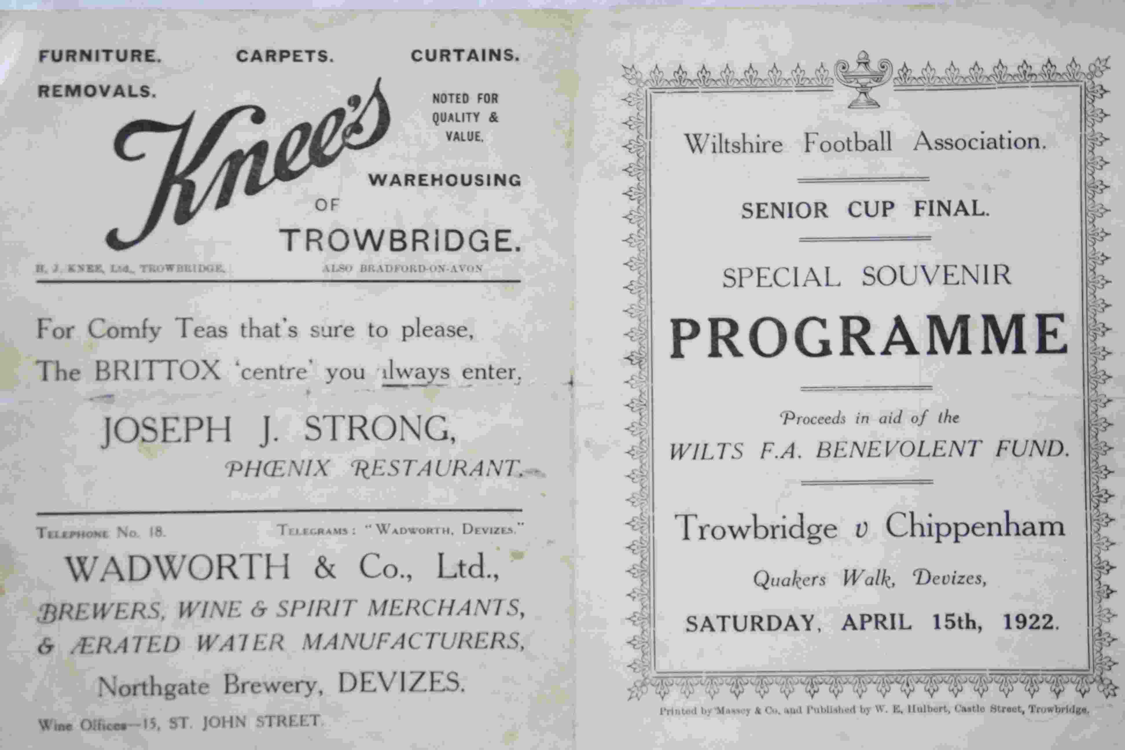 Football programme - Trowbridge v Chippenham Wiltshire Senior Cup Final 15th April 1922 at - Image 3 of 3
