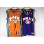 Two Phoenix Suns NBA jerseys to include Marion 31 in purple and Stoudemire 32 in orange, both Reebok