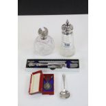 Small collection of silver items comprising silver topped sugar caster, silver topped dressing table