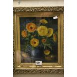 Gilt Framed and Glazed Oil Painting Still Life of Flowers, monogram signature FJB and dated 1931,