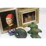 Mixed collectables to include, framed Oil on board Portrait, Chrystoleum picture, pair of metal wall