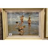 Framed Oil Painting of Children playing on a Beach signed Laurent