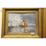 Oil on Panel Gilt Framed View of an Italian Coastal Scene with Sailboats offshore