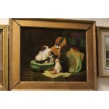 Oil on Panel Gilt Frame Study of a Cat and Kittens in a Drawing Room