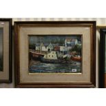 Vintage Oil Painting on Board of Harbour Scene