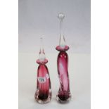 Two "Tom Petit" twisted Art glass Perfume Bottles with stoppers, the tallest being approx 40cm