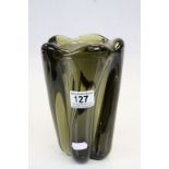 Heavy vintage art glass vase, with ground out pontil to base, stands approx 19cm (possibly