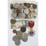 Collection of Various Coinage and Commemorative Coins, Small Silver Plate Hip Flask, etc