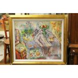 Studio Framed Oil Painting Impressionist Still Life of Flowers and Fruit on a Table Setting, signed