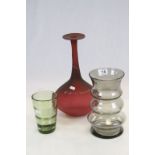 Kenneth Turner Ribbed Vase, Modernist Red Ground Vase with Ground Out Pontil and one other Ribbed