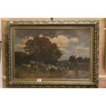 Large framed Oil on canvas of a Shepherdess with Flock & signed lower left "Hermann Rudishuli