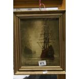 Oil Painting of Frigates, text to verso ' Black Wall Frigates ' signed K Hammond