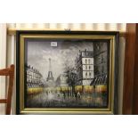 Signed Oil Painting Impressionist Scene, Paris at Dusk with Eiffel Tower in Background