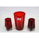 Three vintage red Art glass Vases to include a pair of Whitefriars, tallest stands approx 19.5cm