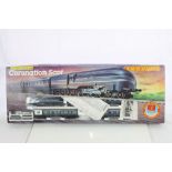 Boxed Hornby OO gauge R836 Coronation Scot train set with locomotive and three coaches, incomplete