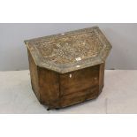 Wooden Coal Box with Brass Relief Sloping Hinged Lid, 52cms high