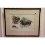 Framed & glazed Nora Howarth Pastel & Watercolour study of Pigs, frame approx 64 x 52cm