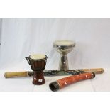 Two vintage Tribal type Drums, one with metal body approx 37.5cm tall, and two wooden Digeridoo's