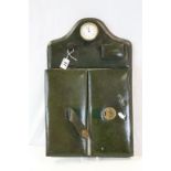 Vintage green Leather Stationary folder with blotter, set with back wind Clock to top, approx 52 x