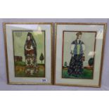 Pair of Framed and Glazed Russian Illuminated Watercolours depicting Ladies in Traditional