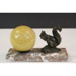 Vintage Art Deco French table light with Opalescent glass Globe shade & Spelter Squirrel on a Marble