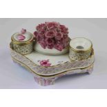 Herend ceramic double Ink stand with floral centrepiece and lattice border, marked 7802/AP to