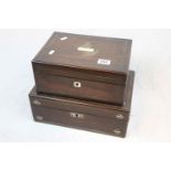 Victorian Rosewood and Mother of Pearl Inlaid Sewing Box with Fitted Interior and Seven Mother of